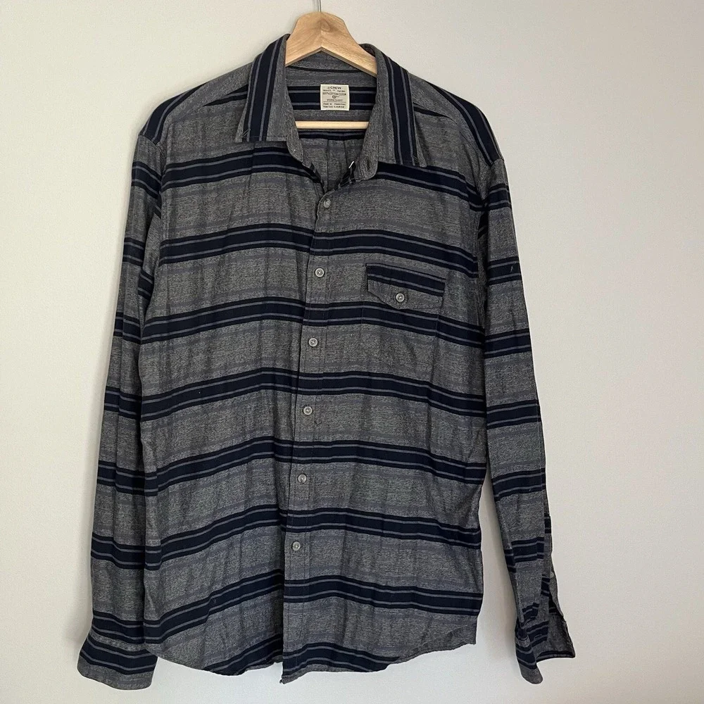 J. Crew Work Shirt Mens Large Stripped Gray Navy‎ Long Sleeve Cotton Button Down